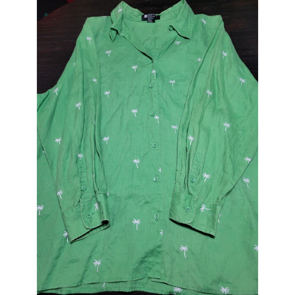 Carole Little 100% Linen Long Sleeve 3XL Green Palm Tree Embroidered